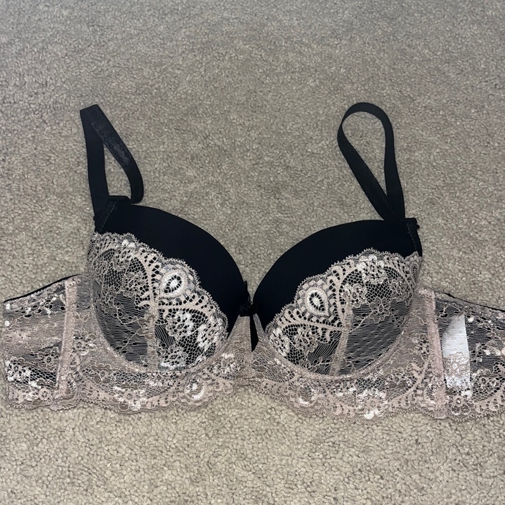 Black and pink lace padded push up bra with bow